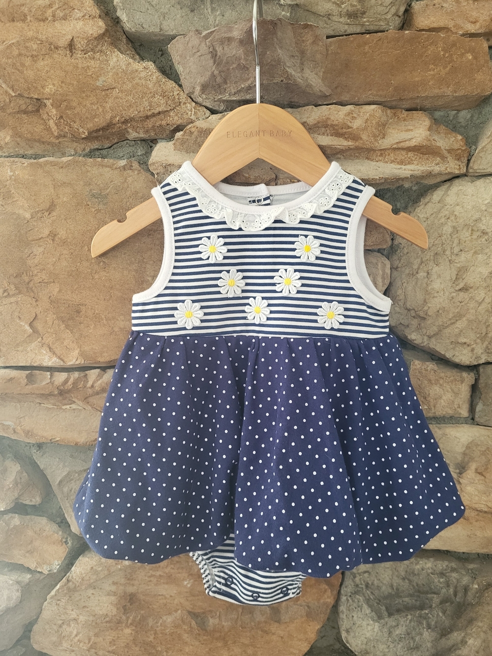 Little Me Navy and White Striped Baby Dress with Eyelet Trim 9m NWOT